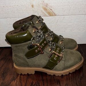 ASOS Women’s Olive Green Faux Suede Buckle Detail Work Boots Size 6 NEW